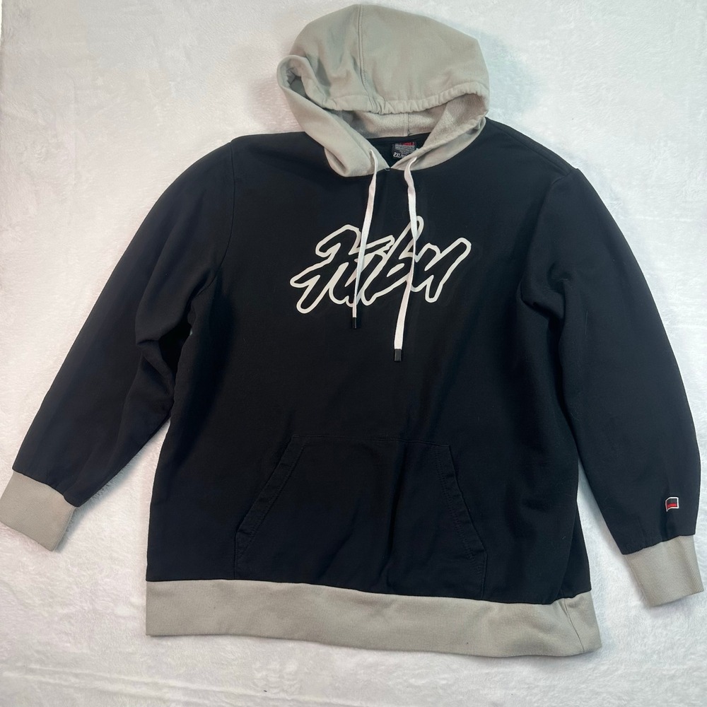 FUBU Hoodie Mens 2XL Black Gray Script Logo Two Tone Pullover Sweatshirt